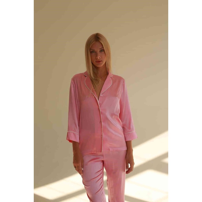 Merry See Saten Pijama Takım Düğmeli Pembe