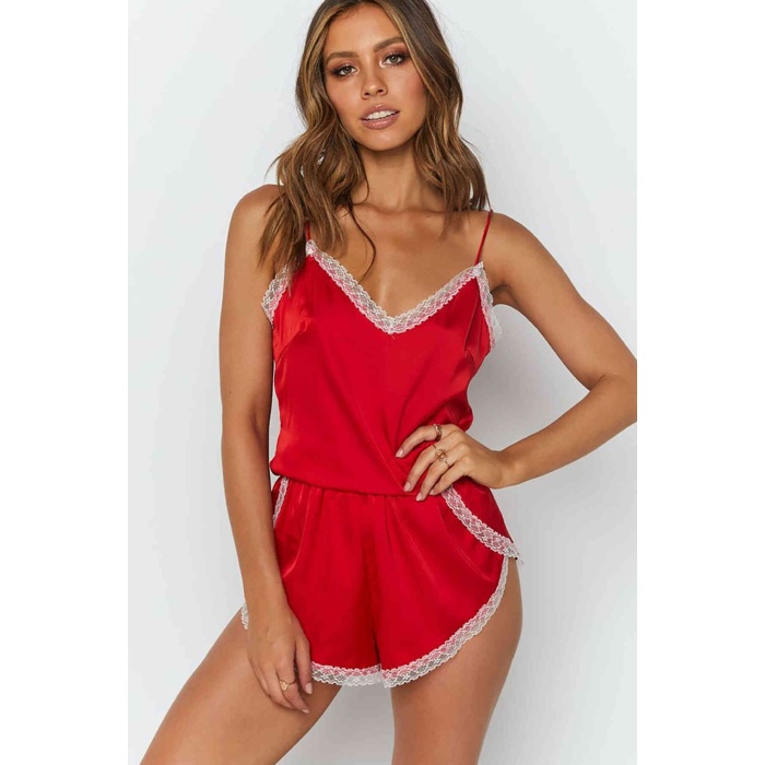 Merry See Dantel İşlemeli Saten Tulum Gecelik Pijama Kırmızı