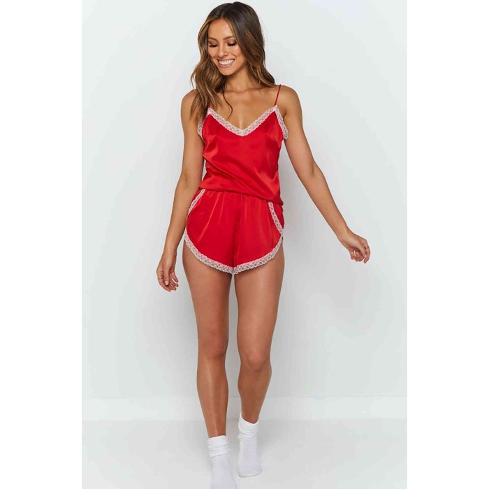 Merry See Dantel İşlemeli Saten Tulum Gecelik Pijama Kırmızı