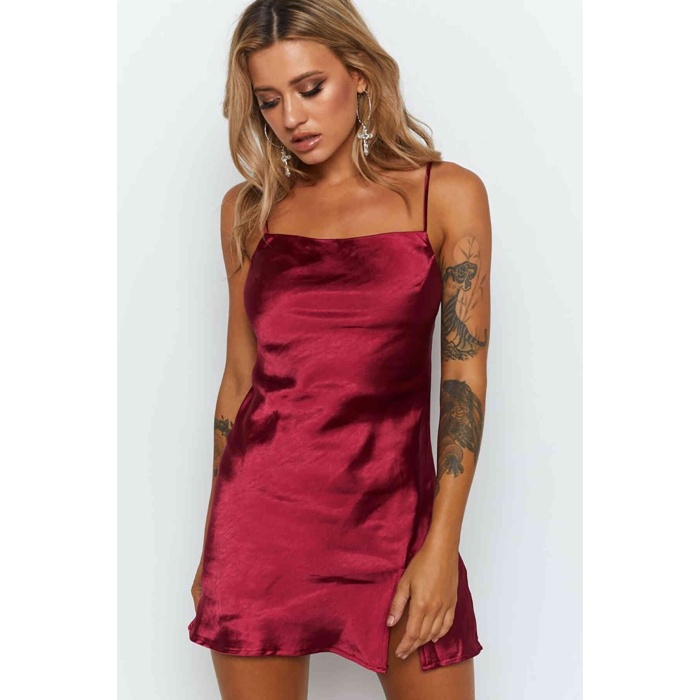 Merry See Yırtmaçlı Mini Saten Elbise Kırmızı