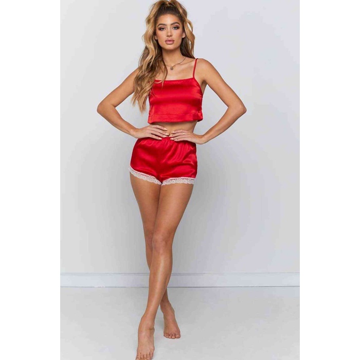 Merry See Dantel İşlemeli Saten Şortlu Pijama Takım Kırmızı