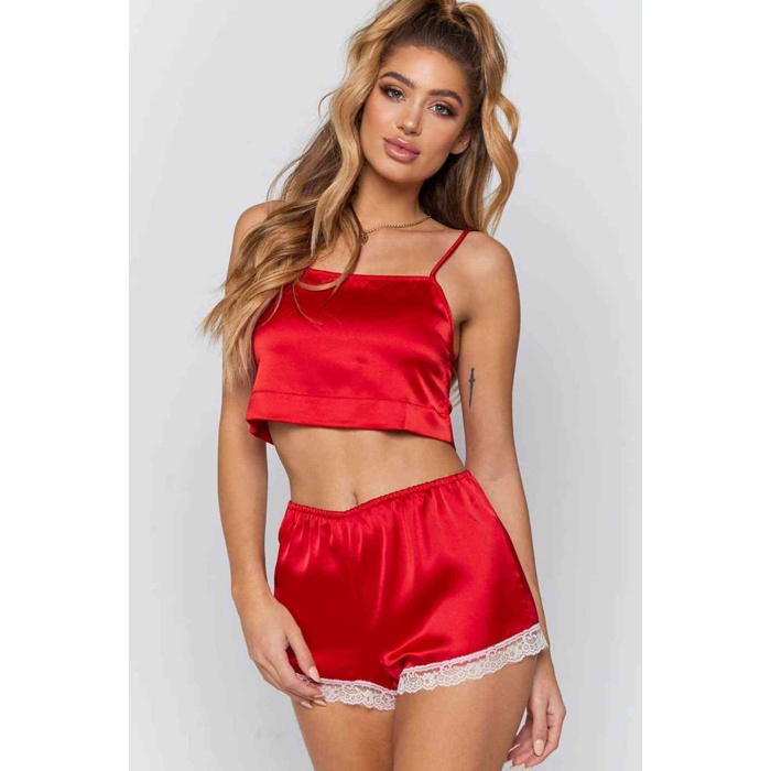 Merry See Dantel İşlemeli Saten Şortlu Pijama Takım Kırmızı
