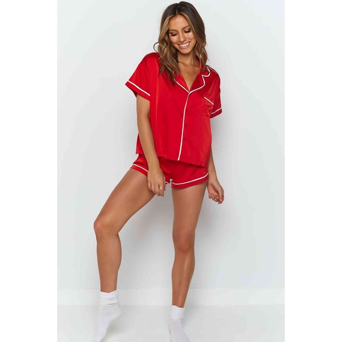 Merry See Ara Biyeli Saten Şortlu Pijama Takım Kırmızı