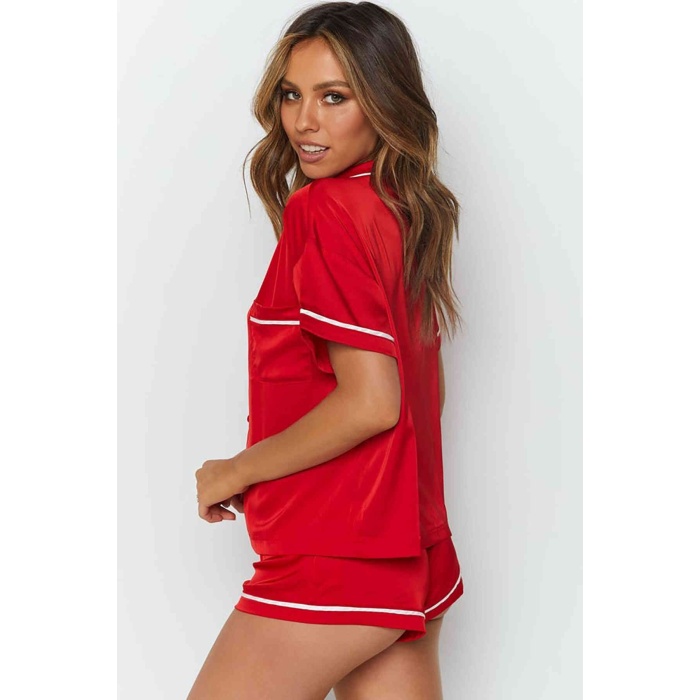 Merry See Ara Biyeli Saten Şortlu Pijama Takım Kırmızı
