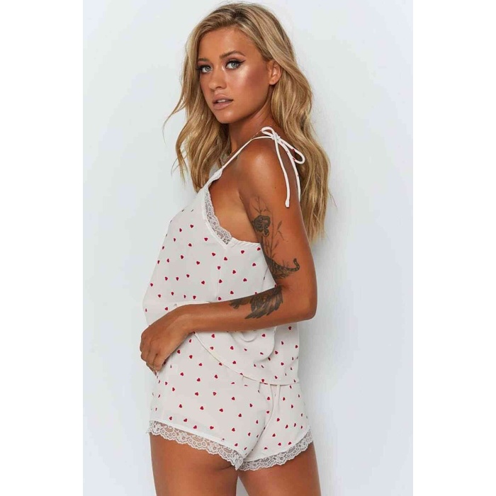 Merry See Dantel İşlemeli Kalpli Şortlu Pijama Takım Beyaz