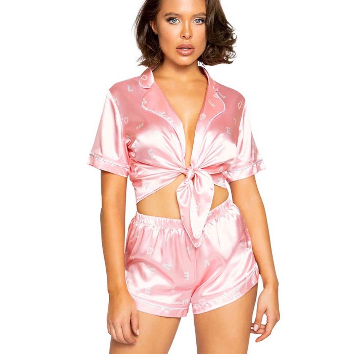 Merry See Baskılı Özel Tasarım Saten Şortlu Pijama Takım Pembe