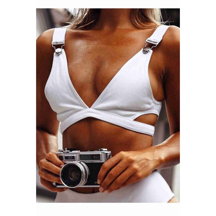 Angelsin Özel Tasarım Yüksek Bel Bikini Takım Beyaz