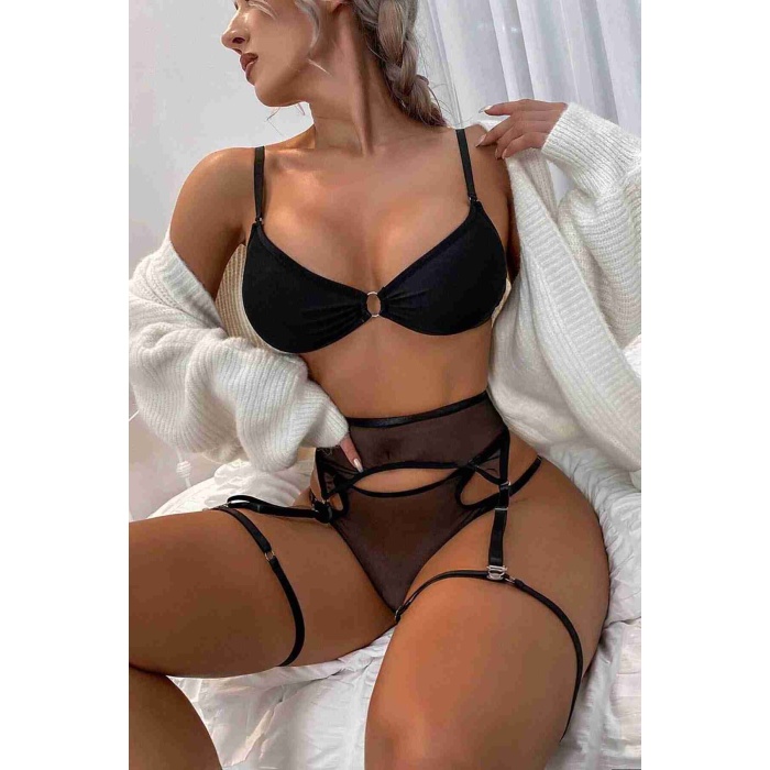Merry See Fantezi Jartiyer Takım Seksi Sütyen Külot Siyah