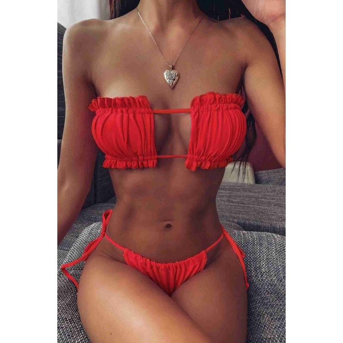 Angelsin Brezilya Model Büzgülü Bağlamalı Bikini Takım Kırmızı