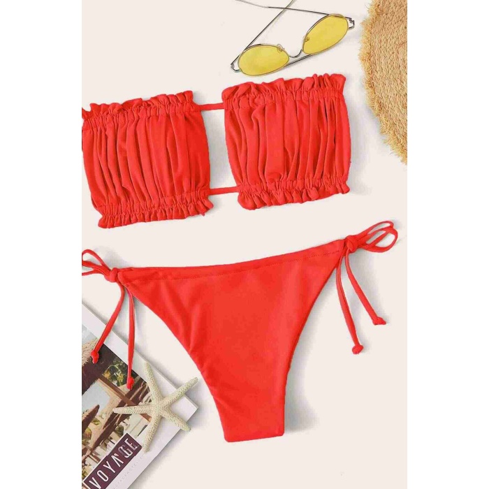 Angelsin Brezilya Model Büzgülü Bağlamalı Bikini Takım Kırmızı