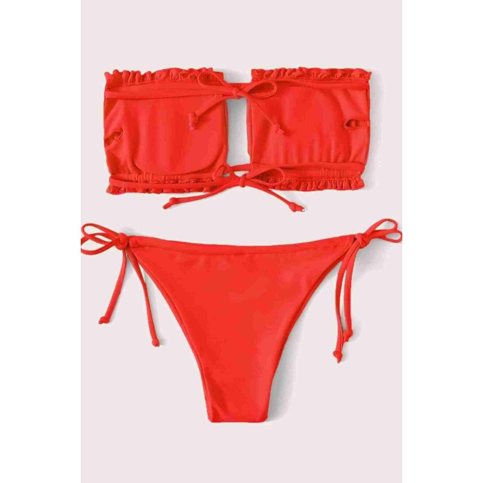 Angelsin Brezilya Model Büzgülü Bağlamalı Bikini Takım Kırmızı