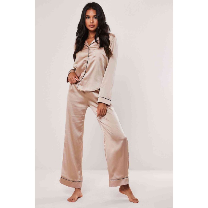 Merry See Saten Pijama Takım Düğmeli Bej