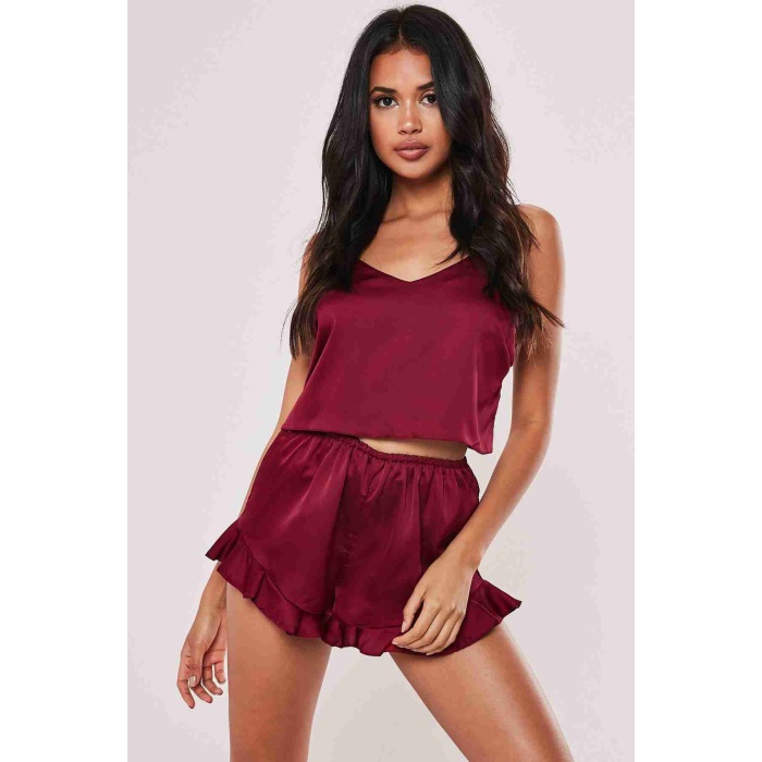Merry See Saten Fırfırlı  Şort Bordo