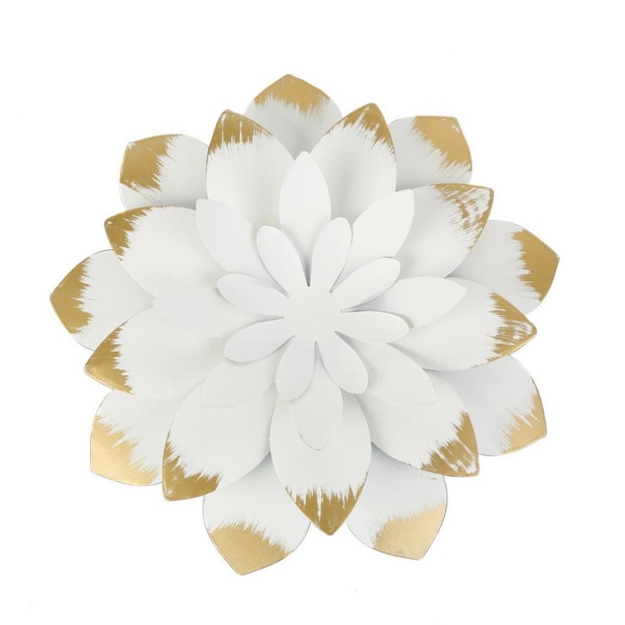 Beyaz Gold Detay Metal Dekoratif Manolya Çiçek Duvar Dekoru