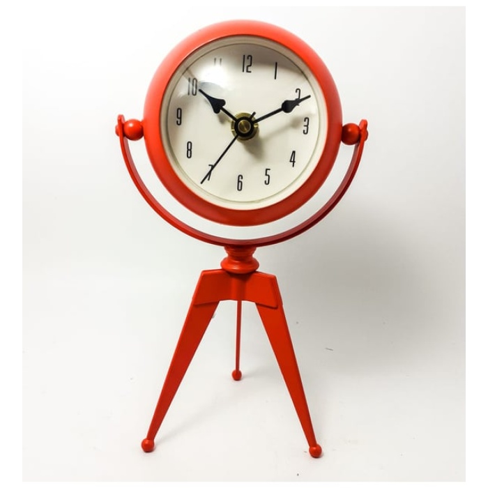 3 Ayaklı Vintage Demir Masa Saati Kırmızı Büyük Boy 30 cm