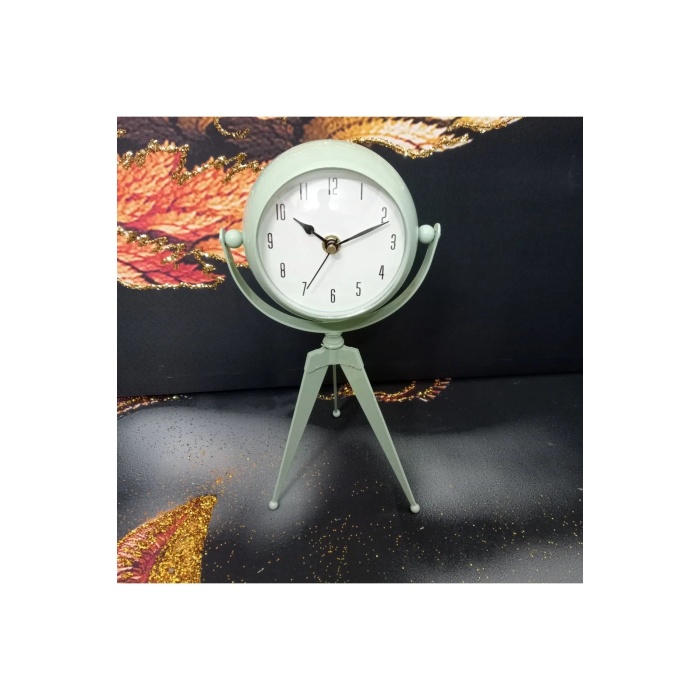 3 Ayaklı Vintage Demir Masa Saati Yeşil Büyük Boy 30 cm