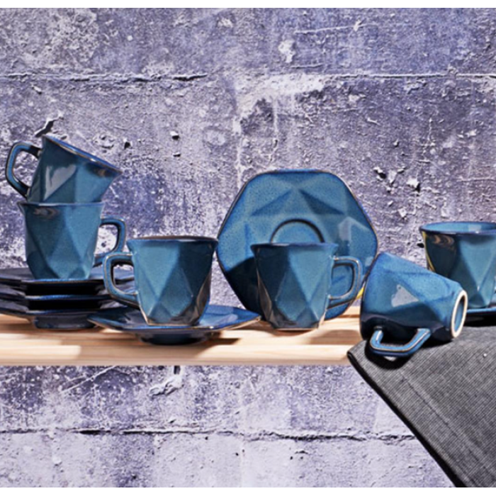 6 Kişilik Kahve Fincan Takımı Seramik Mavi
