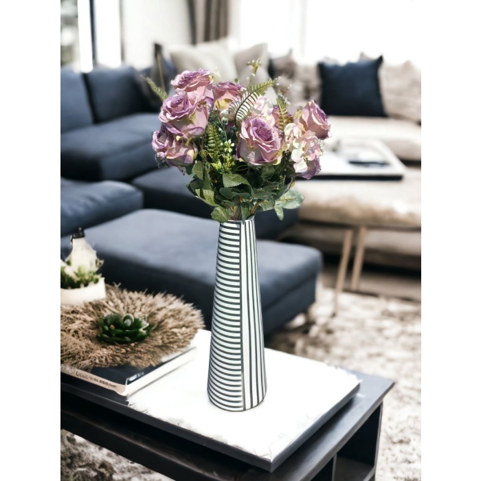 Dekoratif Konik Çizgili Seramik Vazo 15x42 cm
