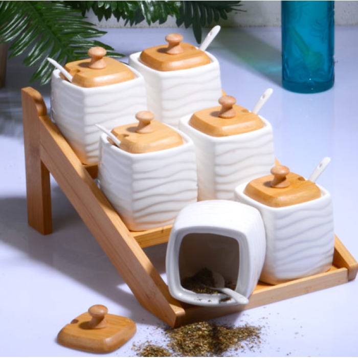 6 lı Kaşıklı Baharatlık Bambu Porselen
