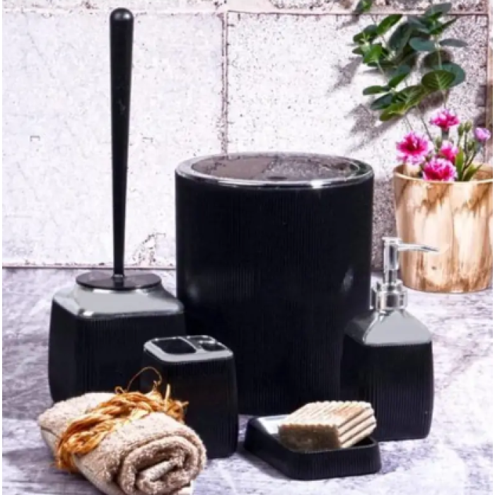 Siyah Banyo Takımı 5li Yuvarlak Çizgili Krom Gümüş Detay