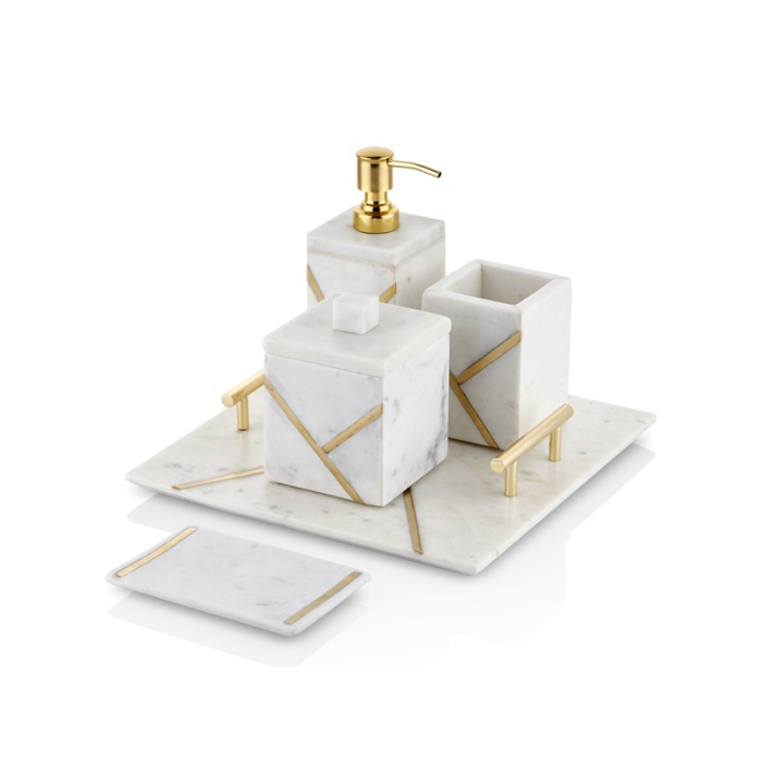 Kare Tepsili Beyaz Mermer Gold Banyo Takımı 5li