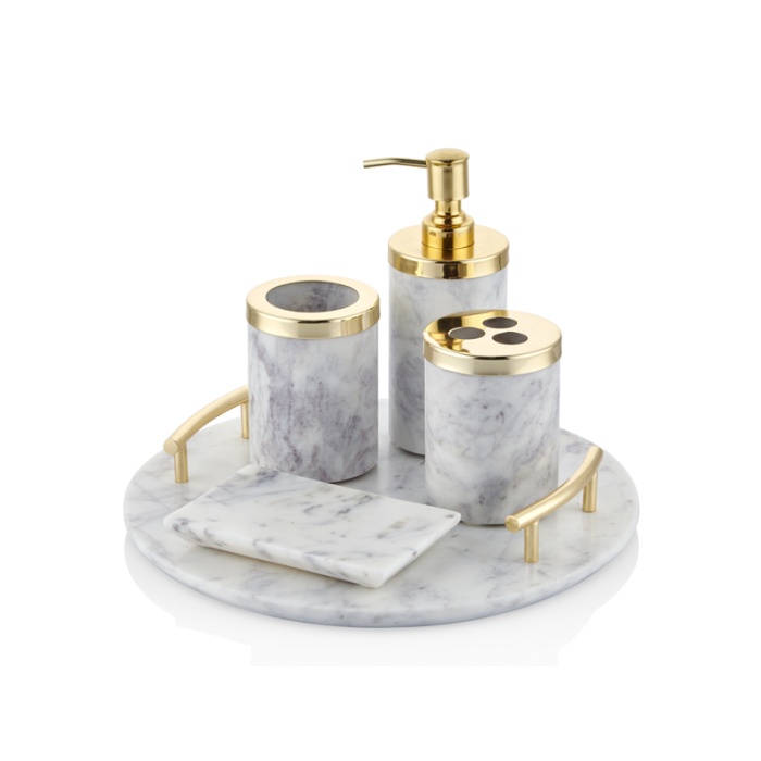 Kare Tepsili Beyaz Mermer Gold Banyo Takımı 5li