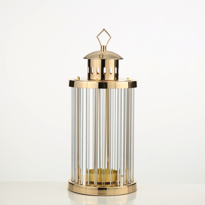 Gold Metal Cam Kafesli Mumluk 22x22x54 cm
