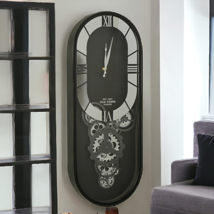 Dekoratif Çarklı Vintage Oval Duvar Saati Kahverengi 80x34x8 cm