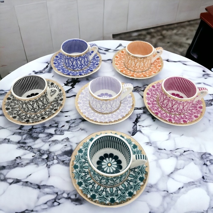 6lı Porselen Renkli Daisy Türk Kahve Fincan Takımı