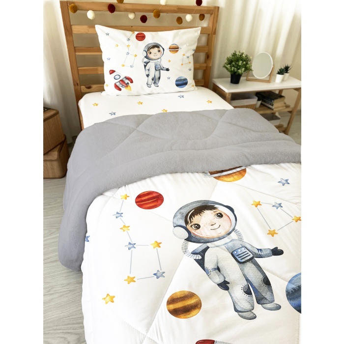 Astronot Desenli Tek Kişilik Peluş Uyku Seti