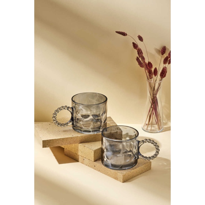 Ringo Stone Color Füme 2li 325 ml Cam Kupa Boncuklu Kulp Mug