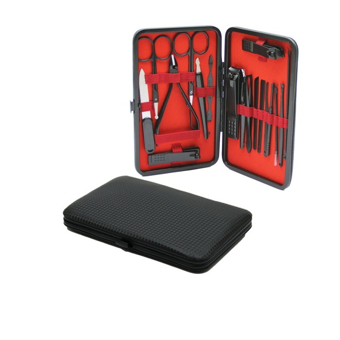 18PCS SİYAH DESENLİ MANİKÜR PEDİKÜR SETİ ÇANTA CÜZDAN MODELİ 