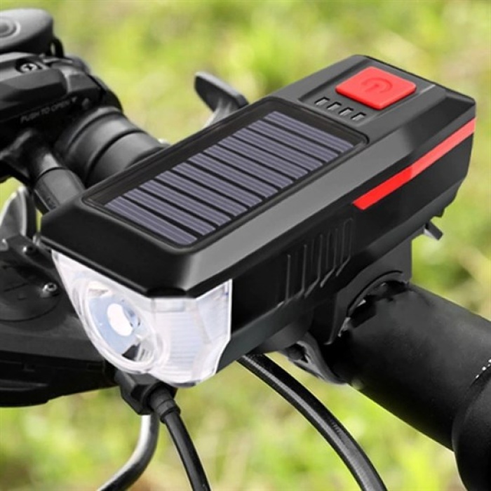Solar Enerjili USB ile Şarj Edilebilir Ledli Bisiklet Feneri Kornalı ve Su Geçirmez Far 