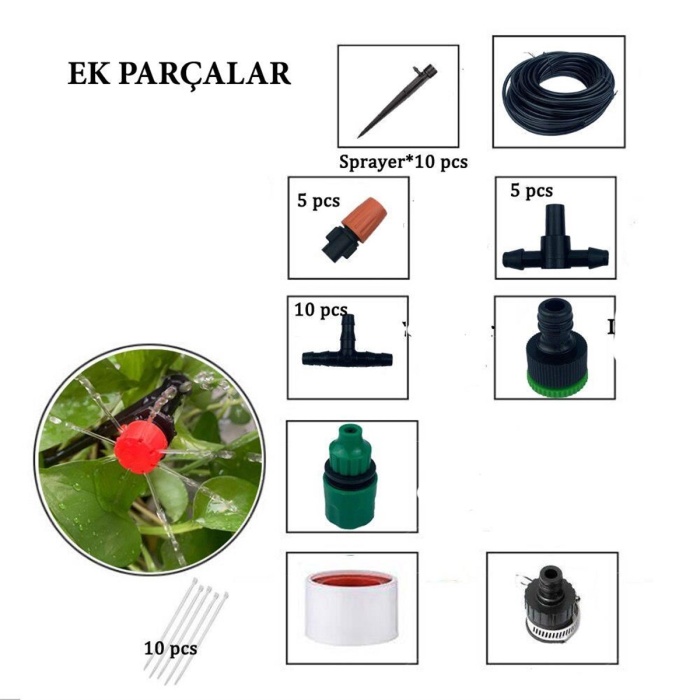 15 Metre Bahçe Damlama Sulama Sistemi Seti Hortum ve Ek Parçaları 
