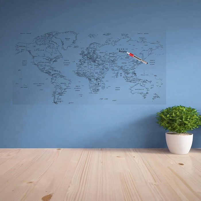 Yazılabilir Dünya Haritası Manyetik Duvar Stickerı 110 x 56 cm 