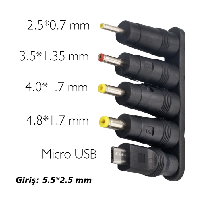 YERLİ ÜRETİM ÇOKLU YEDEK ADAPTÖR UÇ ÇEVİRİCİ (2.5x0.7MM- 4.8x1.7MM- 3.0X1.1MM-4.0X1.7MM- MICRO USB) 