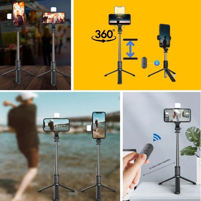 Kendiliğinden Işıklı Masaüstü Tripod Olabilen Telefon Tutuculu Kablosuz Kumandalı Selfie Çubuğu 