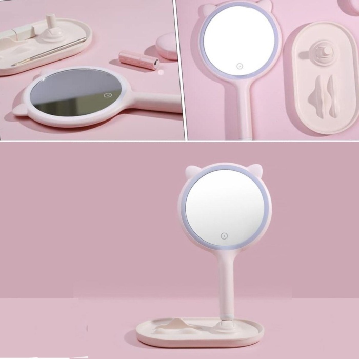 Kedi Kulaklı Telefon Standlı Yuvarlak Dokunmatik Led Ayarlı Masa Üstü Makyaj Aynası 