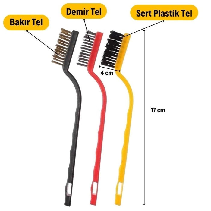 3 lü Detaylı Temizlik Bakır,Demir ve Sert Plastik Tel Fırça 