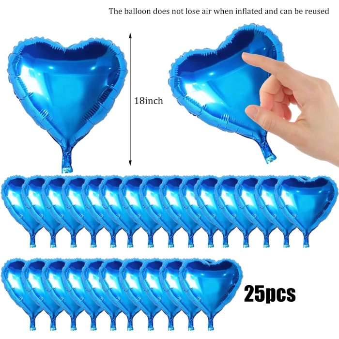 Metalize Parlak Mavi Kalp Şekilli Uçan Balon Folyo 18 inç 45 cm 25 Adet 