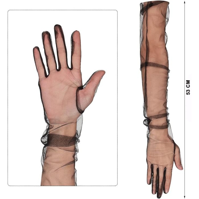 Uzun Boy Likralı Siyah Renk Yetişkin Mega Tül Eldiven 53 cm 
