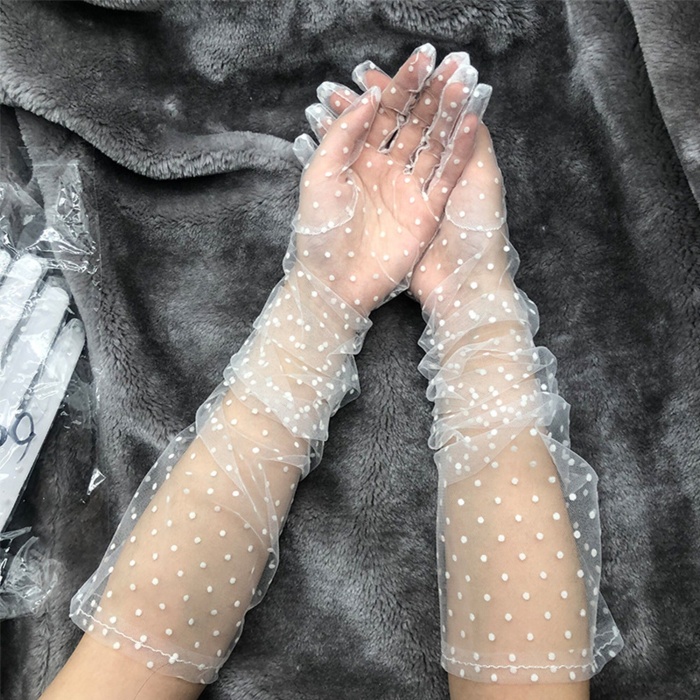 Uzun Boy Beyaz Puantiyeli Beyaz Renk Yetişkin Tül Eldiven 55 cm 