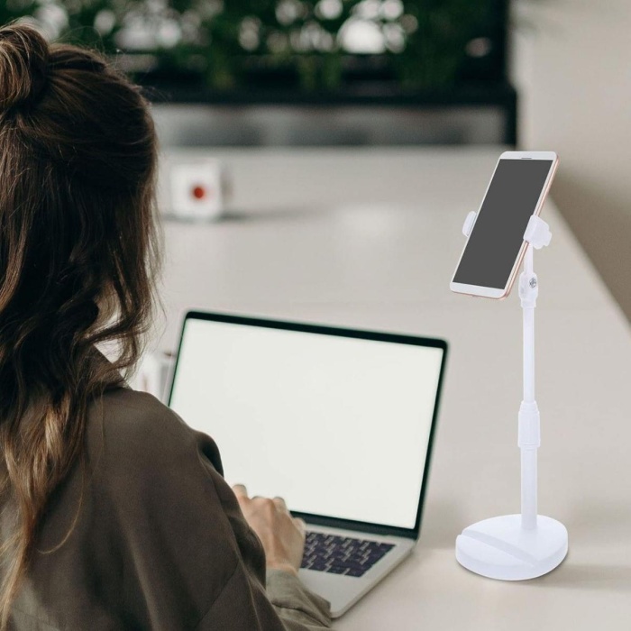 Masa Üstü Tablet ve Telefon Tutucu Plastik Aparat Beyaz Telefon Standı 