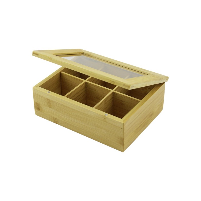 AHŞAP BAMBU  POŞET ÇAY KUTUSU - 6 BÖLMELİ - 2IN1- BÖLMESİZ ÇOK AMAÇLI KU 