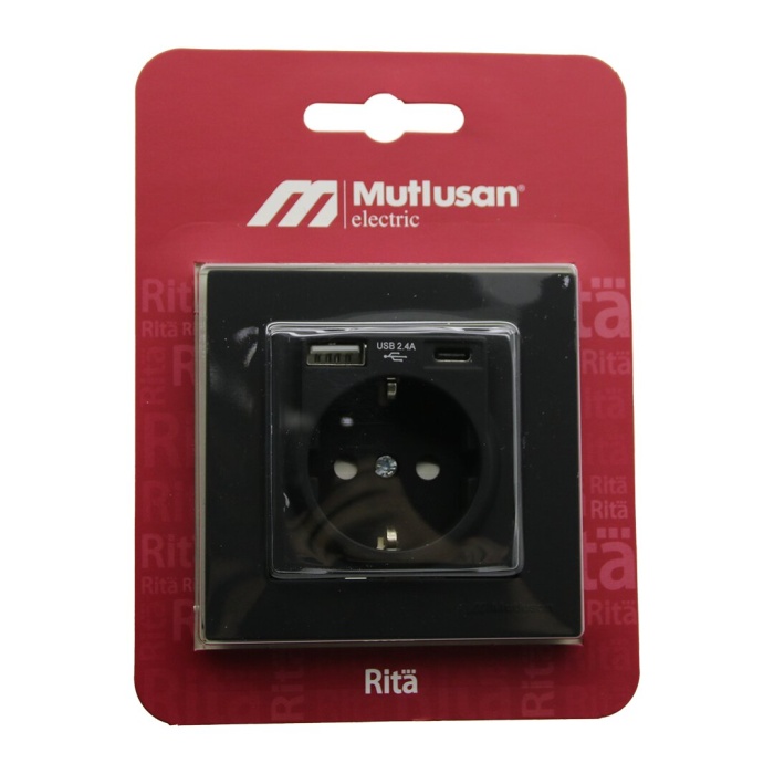 MUTLUSAN RİTA-2220 629 0284 BLİSTERLİ - KARTLI SİYAH - USB + TYPE-C &amp;apos; Lİ TOPRAKLI PRİZ ÇERÇEVELİ 