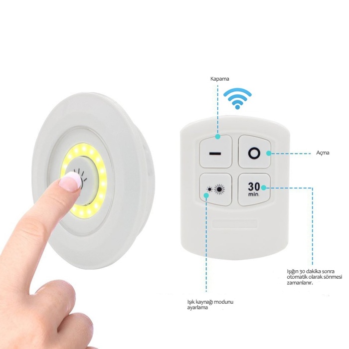 3&amp;apos;lü Uzaktan Kumandalı Pilli Yapışkanlı Kablosuz Led Spot Lambalar 