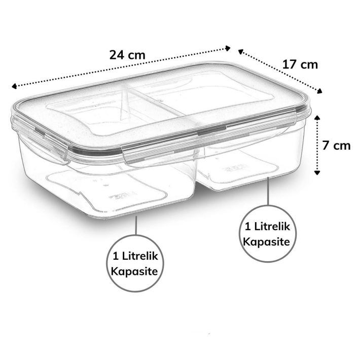 2 Bölmeli 1+1 Litre Kilitli Kapaklı Erzak Saklama Kabı LC-525 