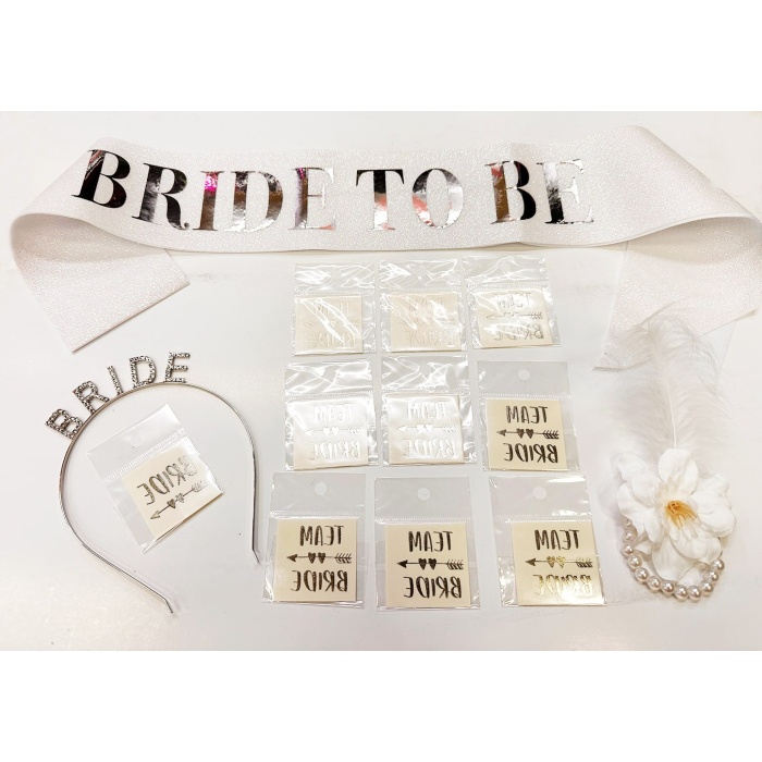 Gümüş Renk Bride Partisi Taç Kuşak Dövme Bileklik Seti Full 13 Parça 