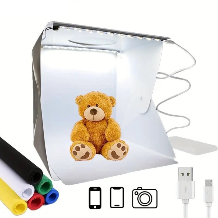 Katlanır Işıklı Fotoğraf Stüdyosu 40x40 cm 6 Renk Fonlu Ürün Çekimi İçin Uygun Fotoğraf Çekim Kutusu 