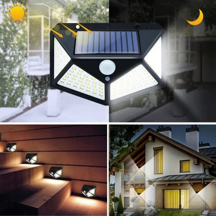 100 Ledli 3 Farklı Aydınlatma Ayarlı Solar Güneş Enerjili Hareket Sensörlü Bahçe Duvar Lambası 